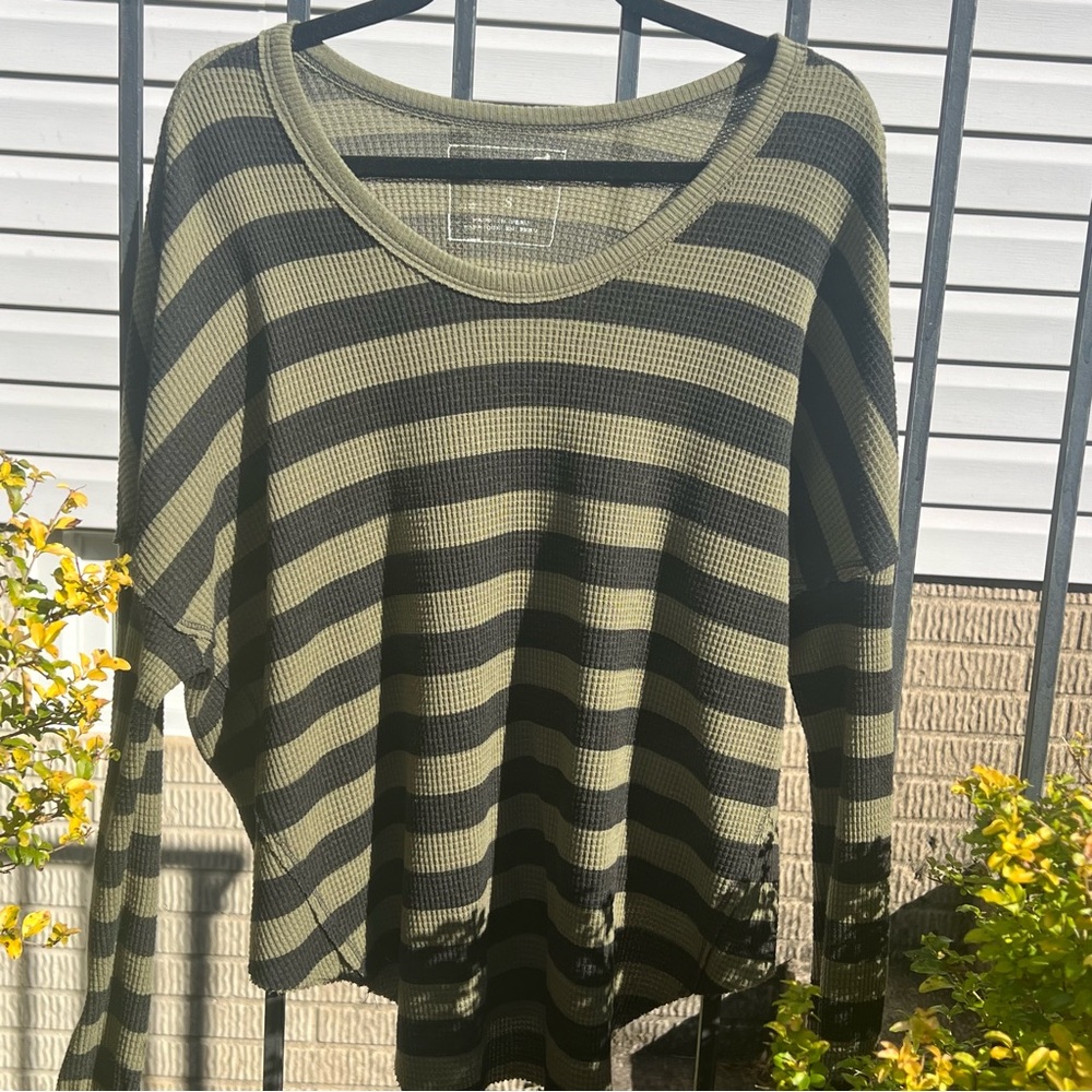 FREE PEOPLE We The Free Thermal Long Sleeve Top, Olive/black Stripe, Size Small